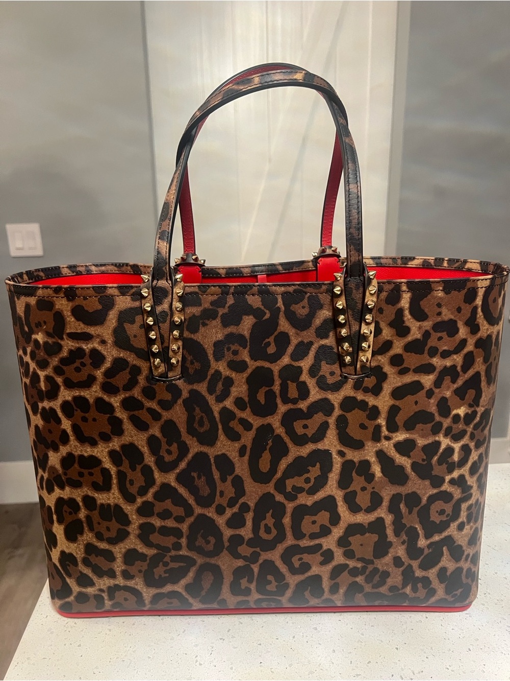 Christian Louboutin Leopard-Print Studded Tote with Red Trim